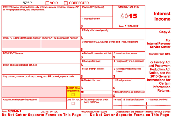 FATCA filing requirement checkbox on the 1099-INT form.