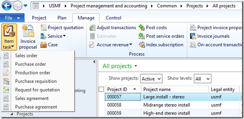 New purchase order line created with reference to a project.