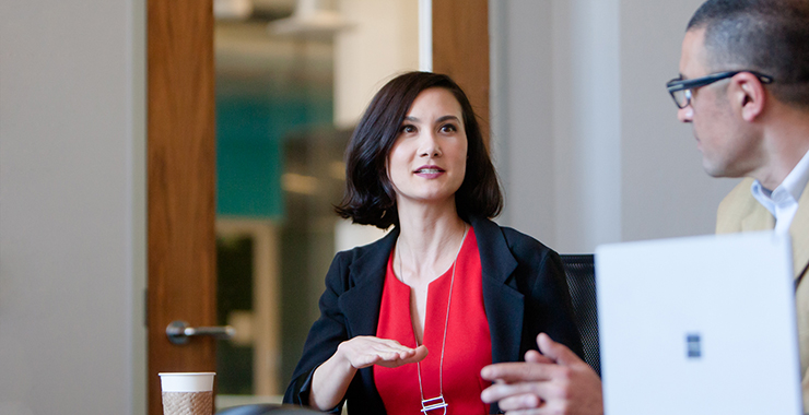 a woman in a red shirt