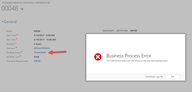 Error while work order booking