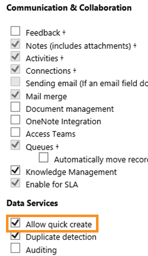 Select Allow quick create check box
