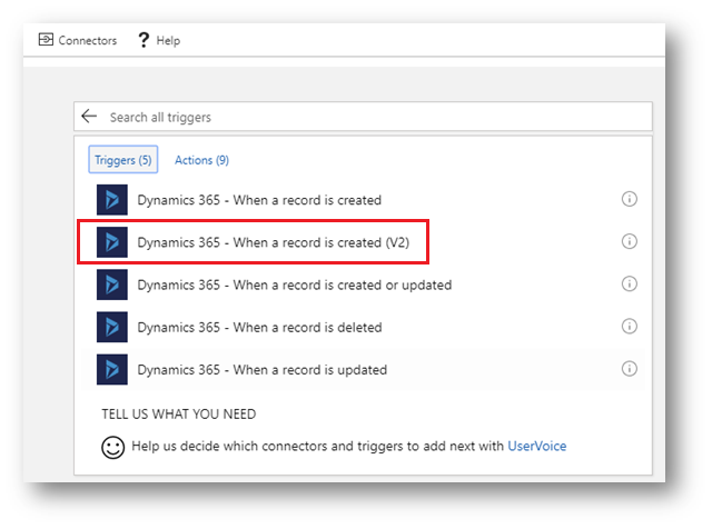 Triggers and Actions in Dynamics 365 Connector