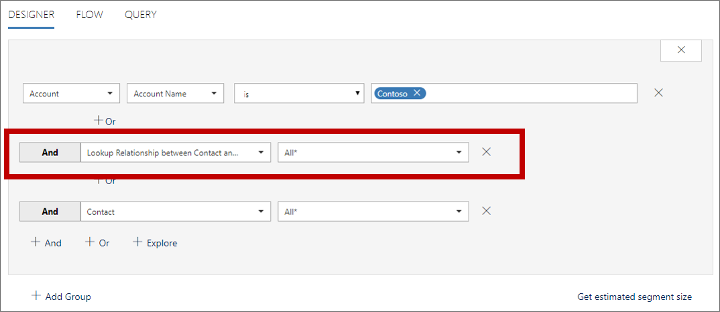 A segment definition that includes an entity relation