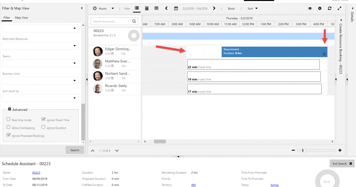 Schedule Assistant NOT recommending two hour block at the beginning of the day, showing there is no 30 minute open block at the end of the day for the resource to travel home.
