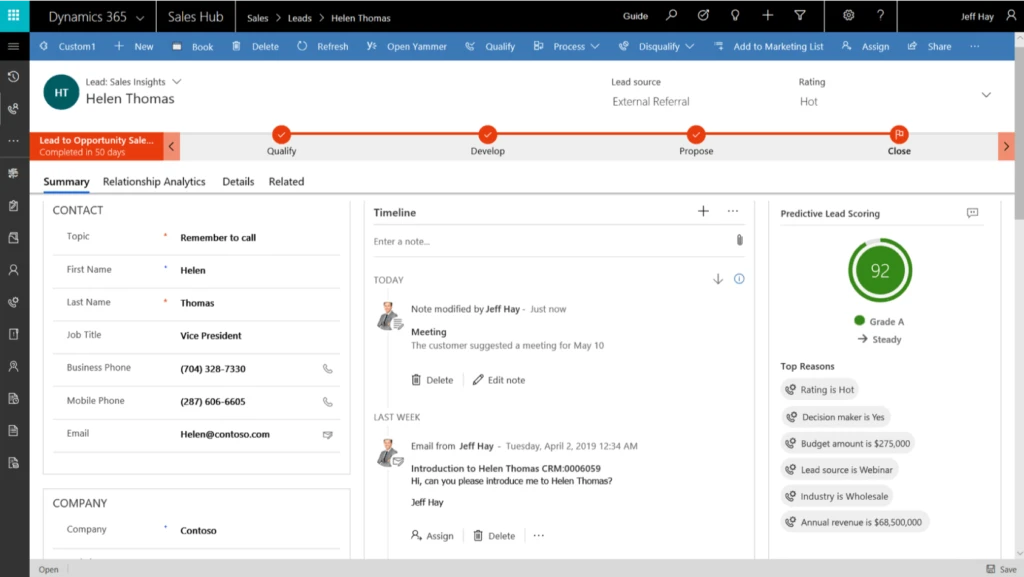 Predictive lead scoring feature in Dynamics 365 Sales Insights.
