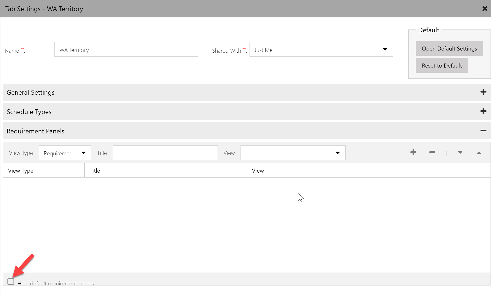 Checkbox in the requirement panels section of the schedule board settings that says "Hide default requirement panels"