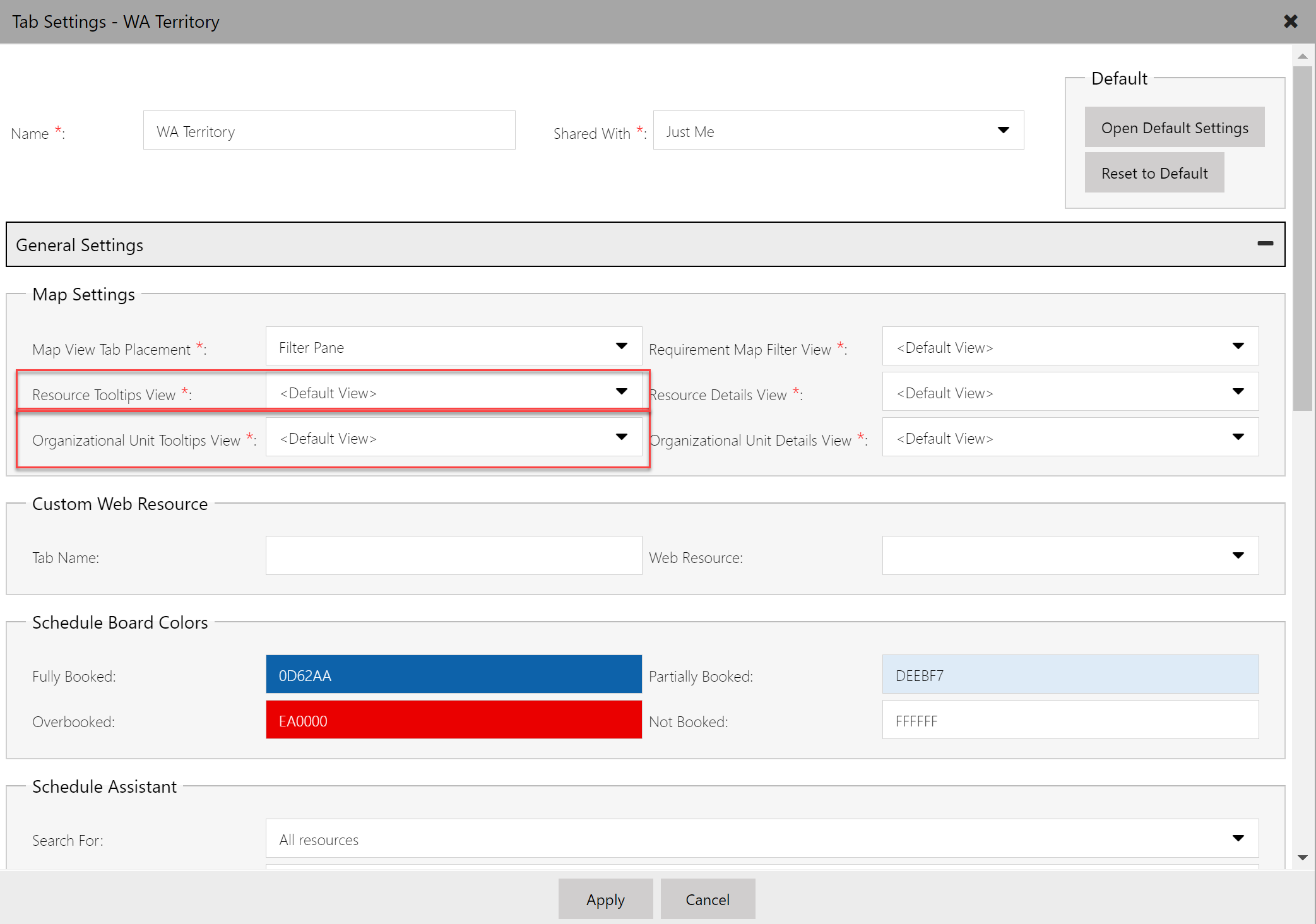 Schedule board settings in the general section allowing you to change the view driving the tooltips for organizational units and tooltips.