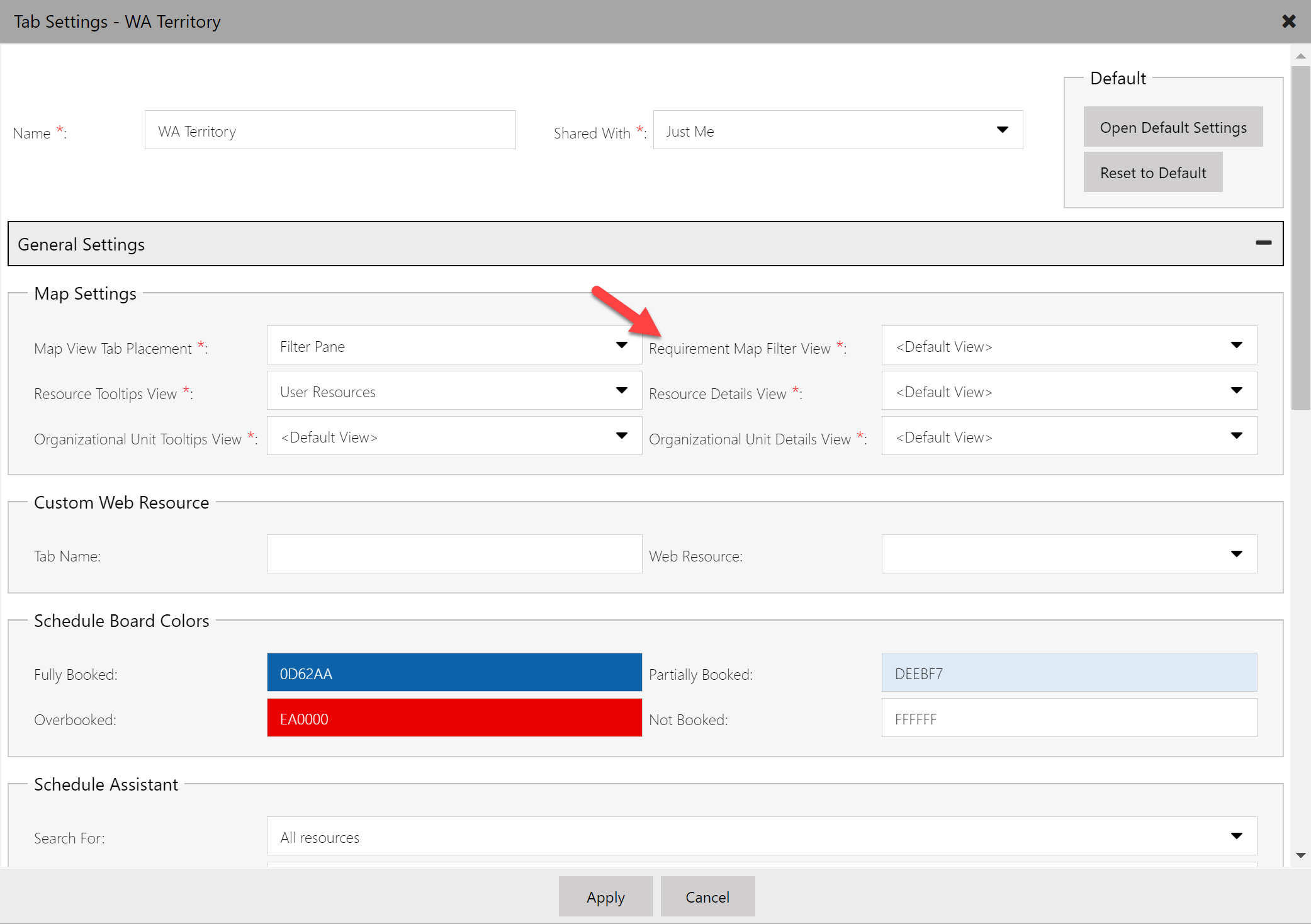 Schedule board setting where you can change the view that drives which requirements appear on the map