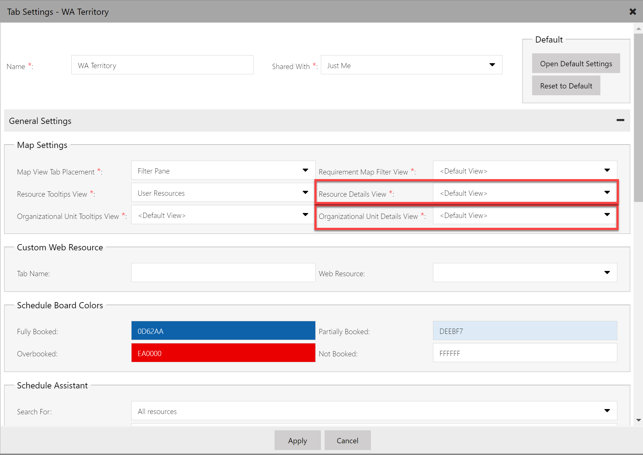 Schedule board settings showing the details views for Organizational Units and Resources