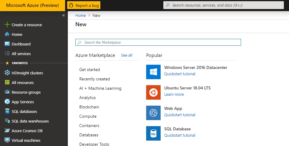 Azure Portal New Resource