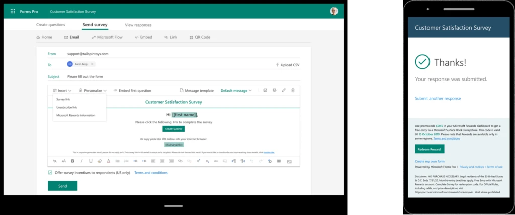 Sending a survey through Forms Pro application and Completed customer satisfaction survey with redeem reward link.
