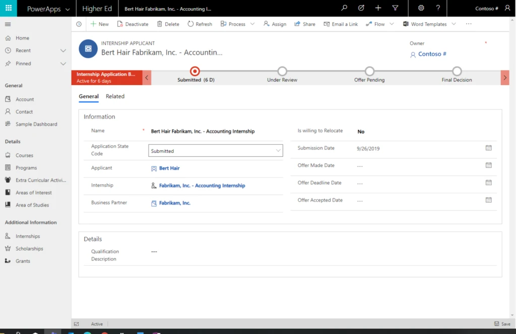 Internship application tracker within Power Apps.