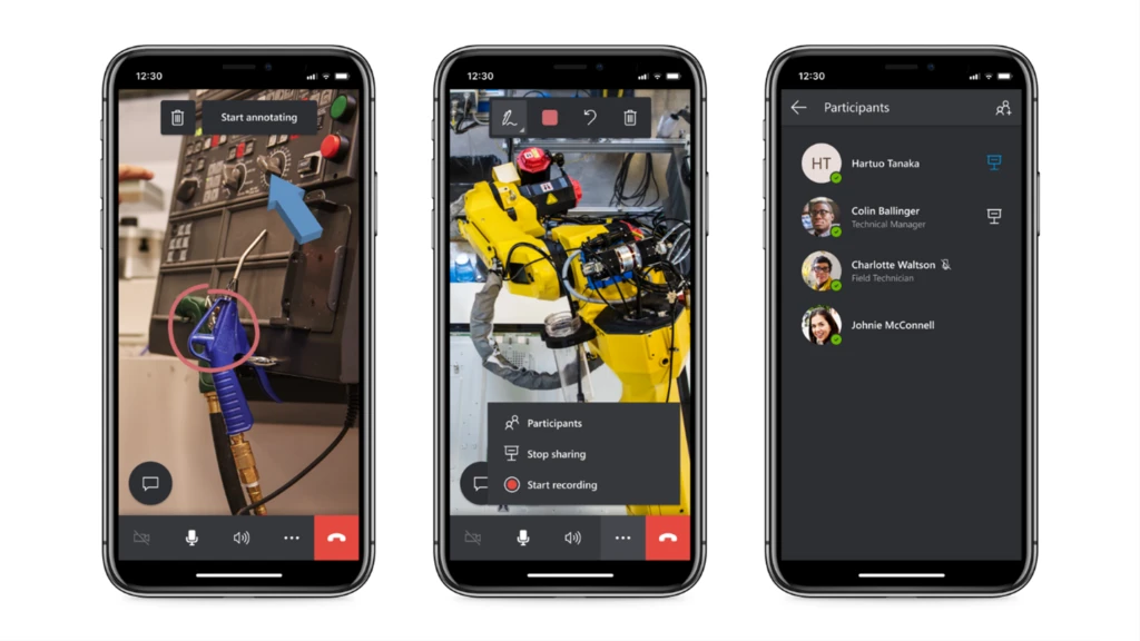 Teams can collaborate on a group calls in the mobile app to service equipment