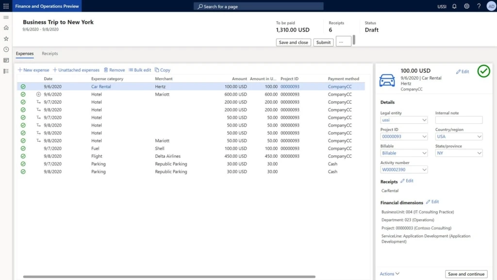 a screenshot of expense management user interface