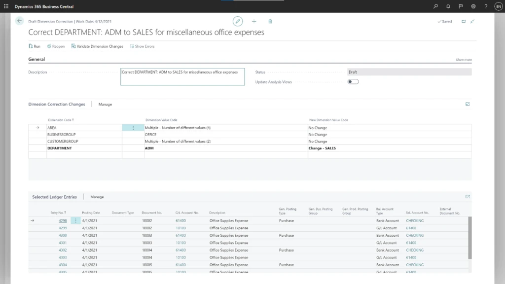 Business Central dimensions screen
