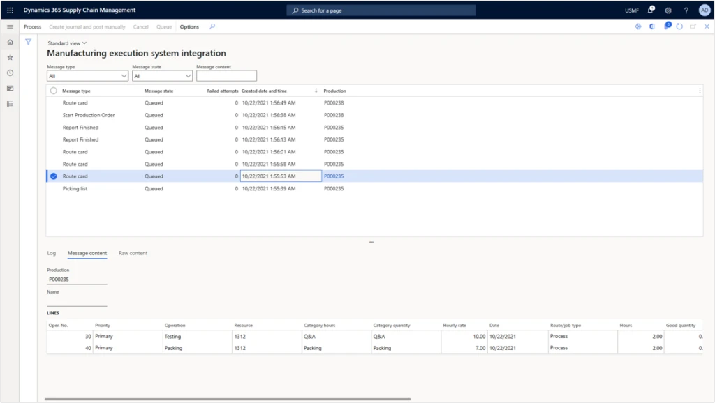 Monitoring dashboard for messages in Dynamics 365 Supply Chain Management.