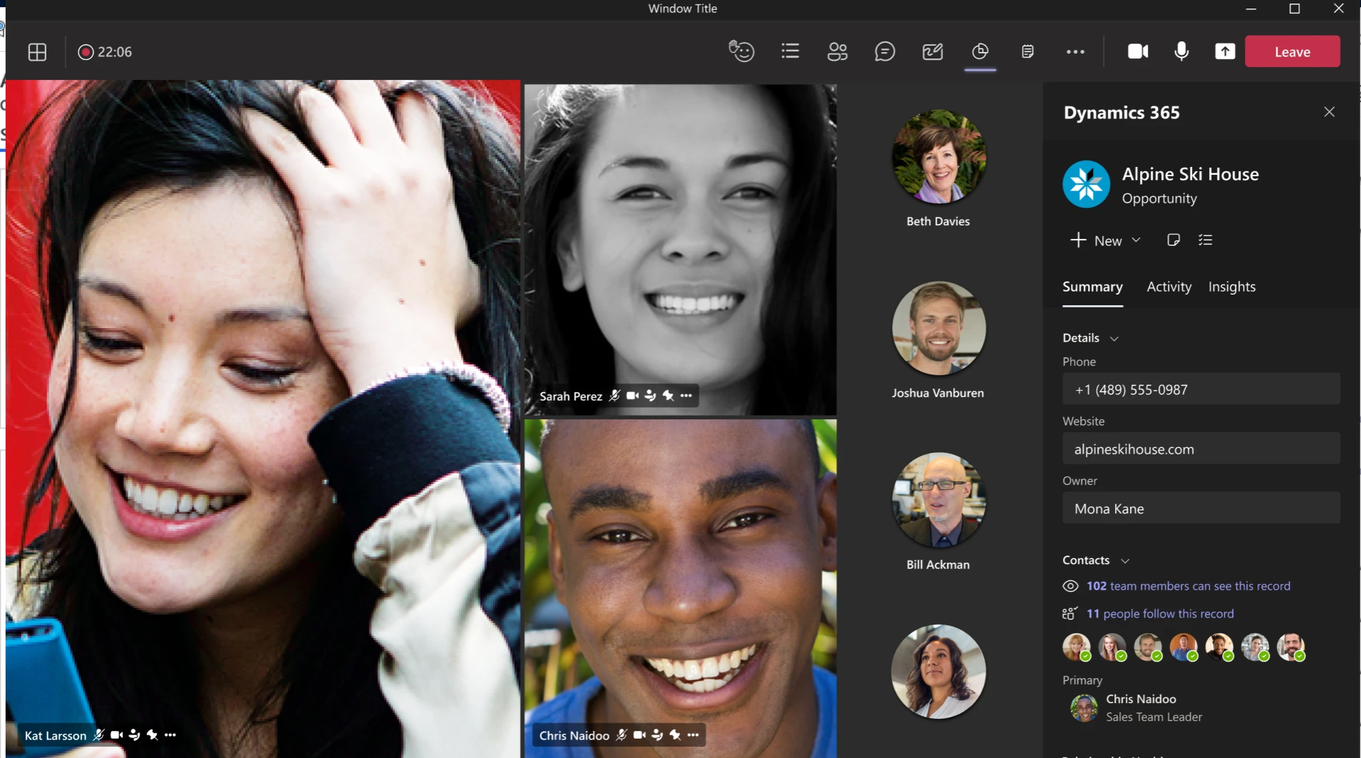 During a Teams meeting, sellers can quickly access and share key sales information from Dynamics 365, reducing the need to switch between apps during the conversation.