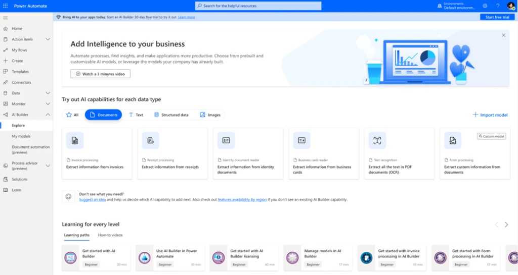 Power Automate Explore tab for AI