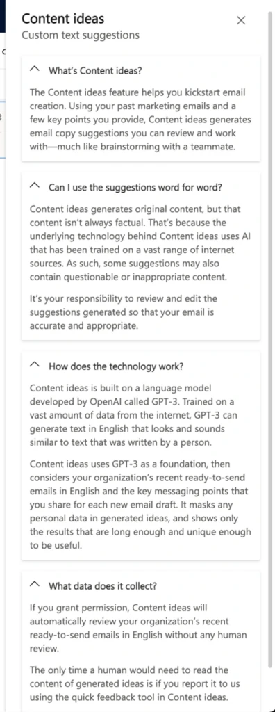 The &ldquo;Learn more&rdquo; panel helps to answer commonly asked content idea questions like, &ldquo;Can I use the suggestions word for word?&rdquo; or &ldquo;How does the technology work?&rdquo;