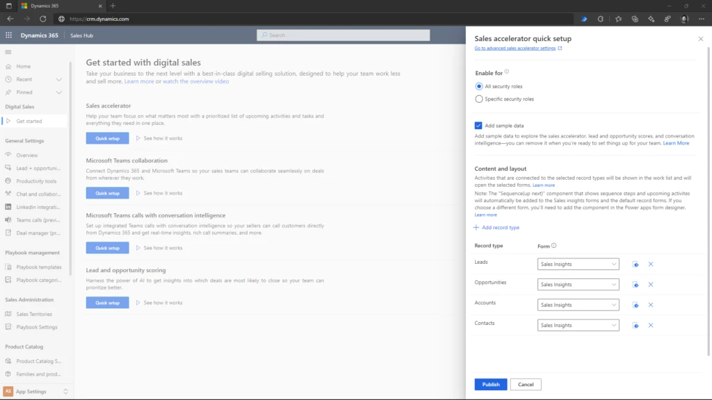 Dynamics 365 Sales screenshot of &lsquo;Get started with digital sales&rsquo; in-app setup guidance for sales accelerator, Microsoft Teams and Dynamics 365 connectivity, conversational intelligence, and lead and opportunity scoring. 