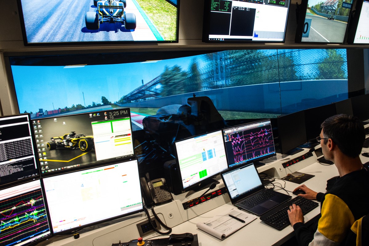 A racing simulator is used to make fine tuned adjustments to maximize performance during testing of Formula One race cars.