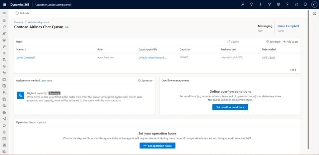 Screenshot of call overflow management settings in Microsoft Dynamics 365 Customer Service.