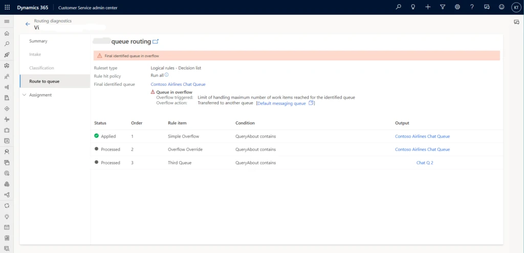 Screenshot of overflow events in Microsoft Dynamics 365 Customer Service routing diagnostics.