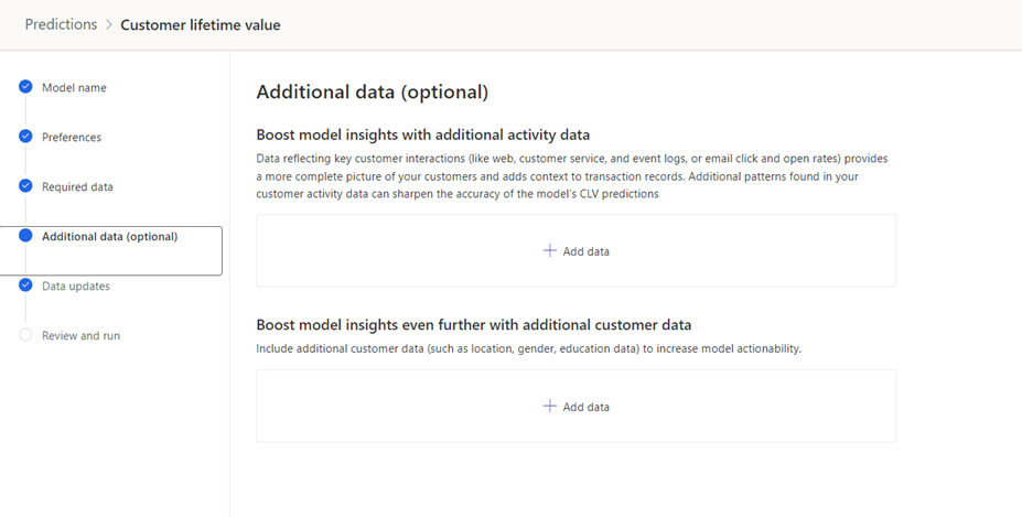 Screenshot of the Additional data (optional) step in the customer lifetime value prediction model settings.
