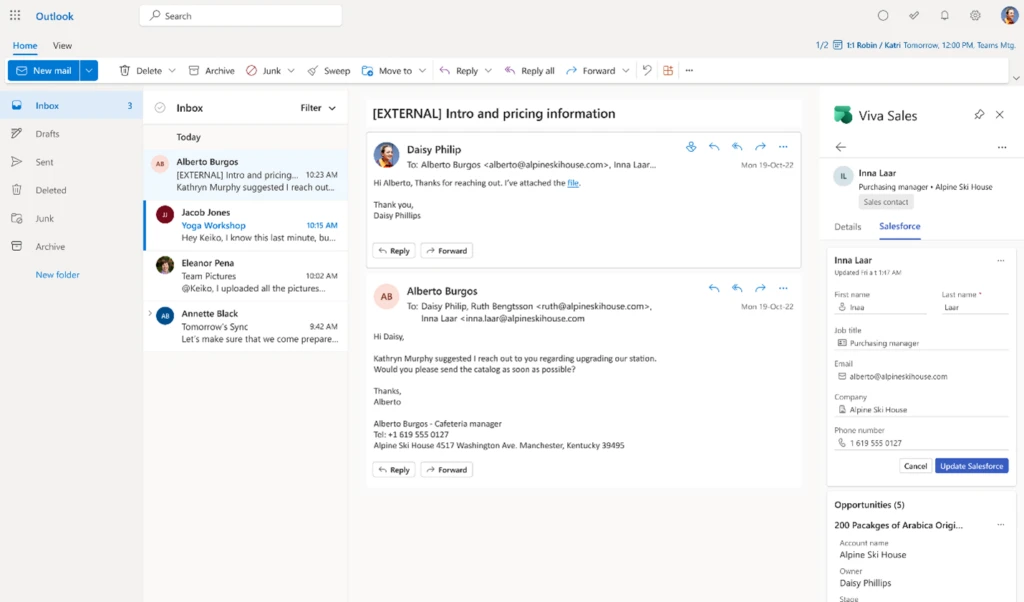 Screenshot demonstrating how to update a CRM contact in Outlook using Viva Sales.