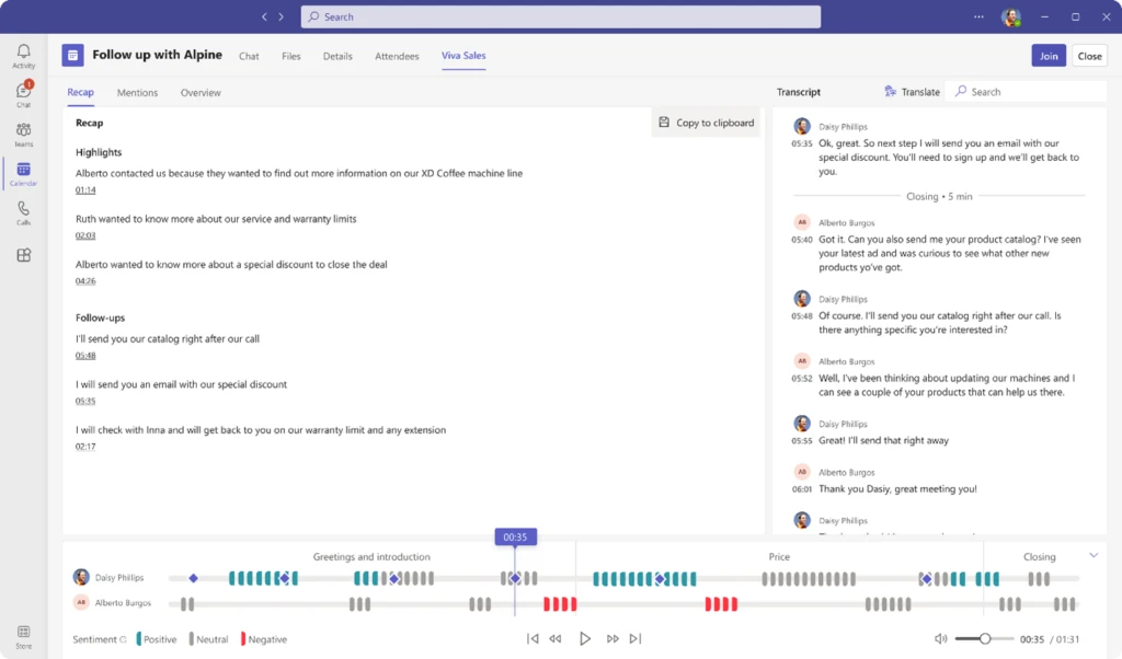 A screenshot of Viva Sales in Microsoft Teams, allowing a user to see a recap and transcript of a completed meeting.