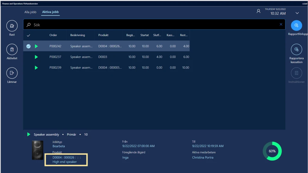 Screenshot of a production floor interface with product details in Swedish.