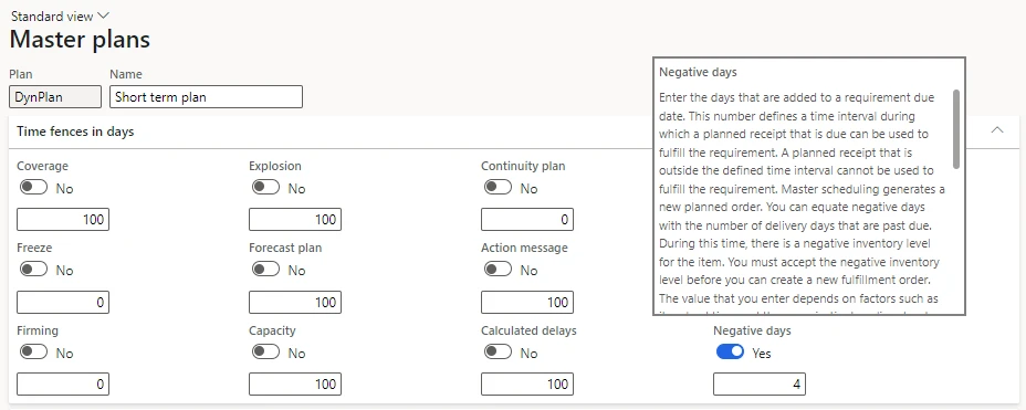 Screenshot of the delay tolerance (negative days) option in Dynamics 365 Supply Chain Management make-to-order automation.