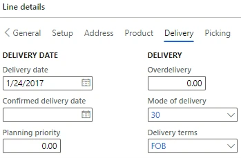 Screenshot of the line delivery details in Dynamics 365 Supply Chain Management.