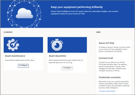 Screenshot of the Sensor Data Intelligence IoT wizard in Microsoft Dynamics 365 Supply Chain Management.