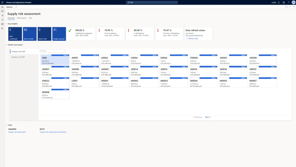 Screenshot of the supply risk assessment workspace in Microsoft Dynamics 365 Supply Chain Management.