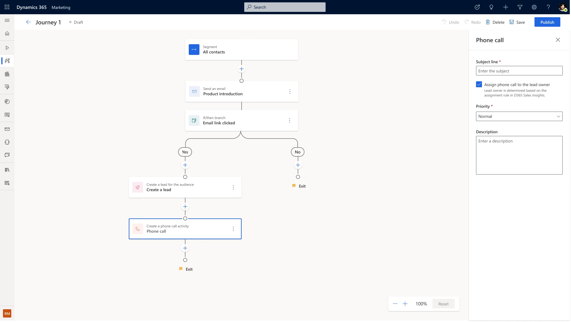 UI of assigning a phone call to sales directly in the journey.