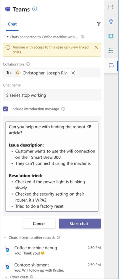 Screenshot of relevant details shared in an embedded Teams chat in Microsoft Dynamics 365 Customer Service.