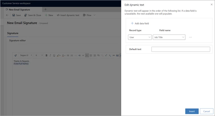 Screenshot of adding dynamic text to email signatures in Microsoft Dynamics 365 Customer Service.