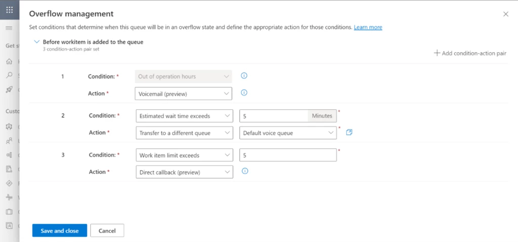 Screenshot of call overflow management settings in Microsoft Dynamics 365 Customer Service.