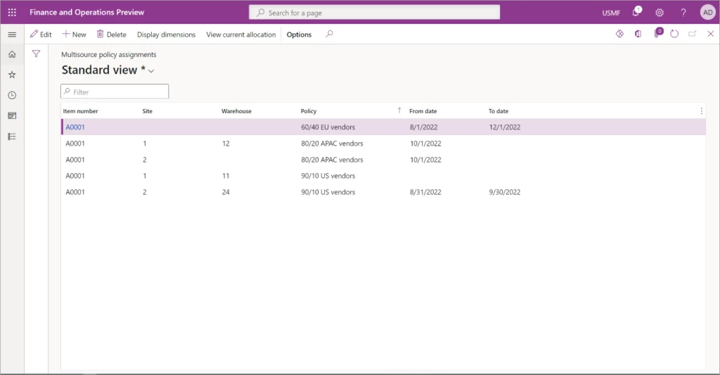 Screenshot of multisource policy assignments in Microsoft Dynamics 365 Supply Chain Management.