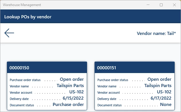 Screenshot of a detour data lookup in the Dynamics 365 Warehouse Management mobile app.