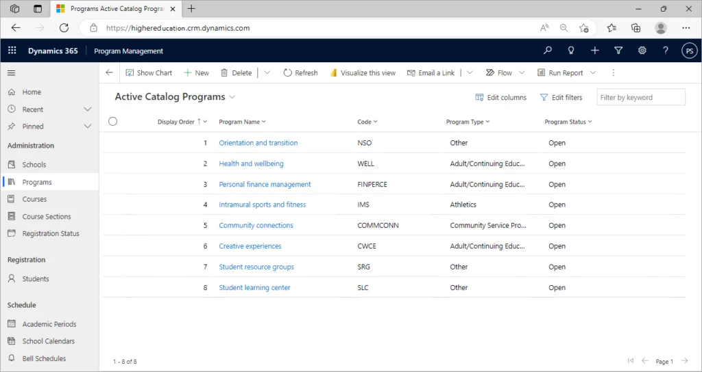 Screenshot of a higher education program management page created with Microsoft Dynamics 365 education accelerator.