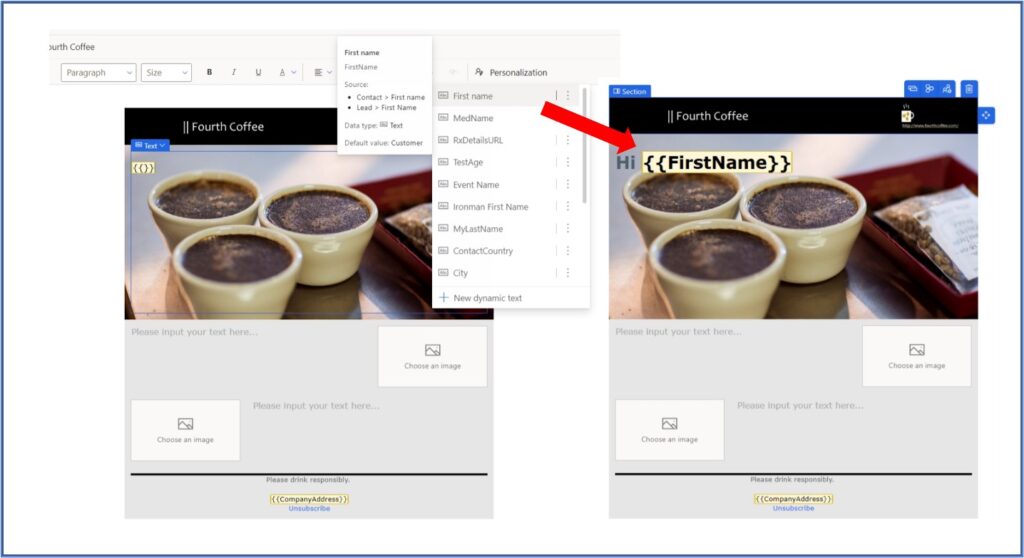 Screenshot of using dynamic text in Microsoft Dynamics 365 Marketing.