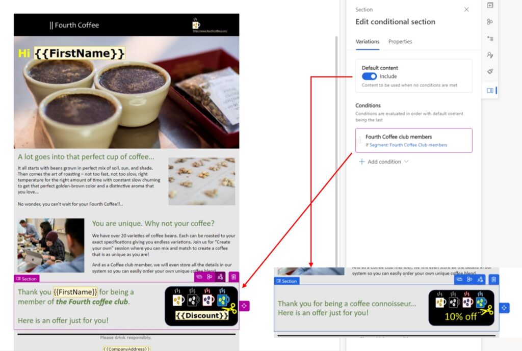 Screenshot of creating personalized offers with a conditional section in Microsoft Dynamics 365 Marketing.