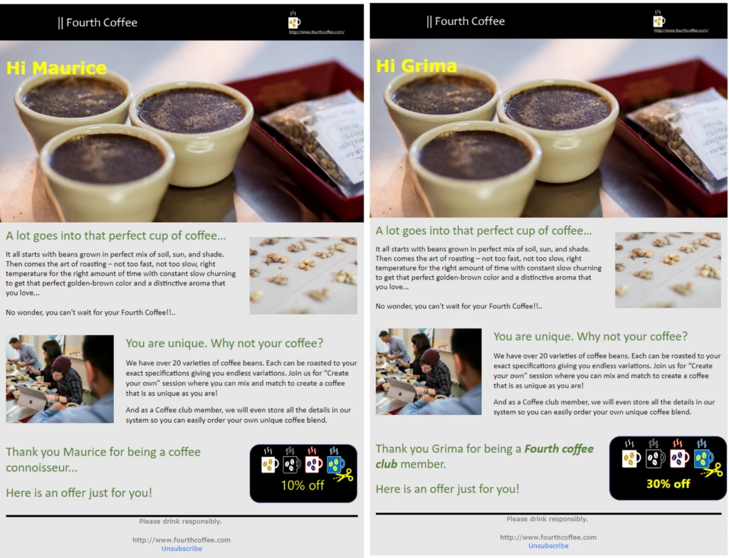 Screenshot of two personalized versions of a coffee company newsletter.