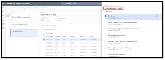 Screenshot of the Year-end close page in Microsoft Dynamics 365 Finance.