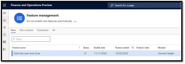 Screenshot of enabling Optimize year-end close in Feature management.