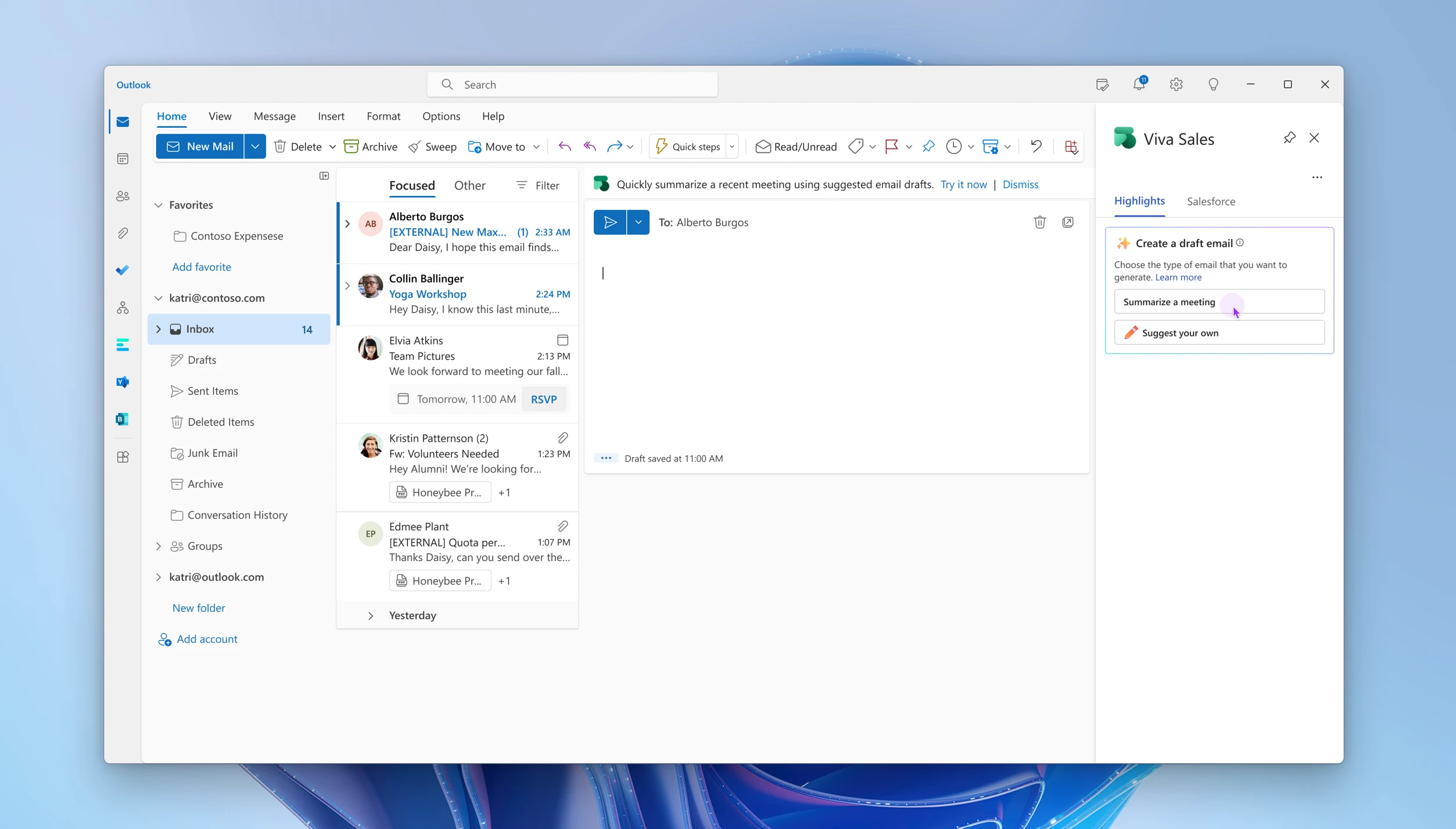 UI showing the option to create a draft email  that summarizes a meeting.