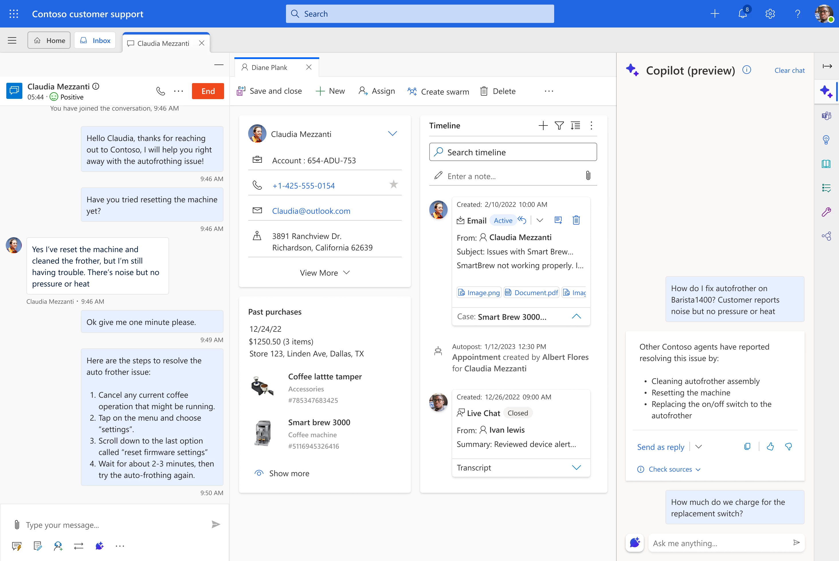 Graphical interface showing the capability to converse with Copilot to diagnose customer issues.