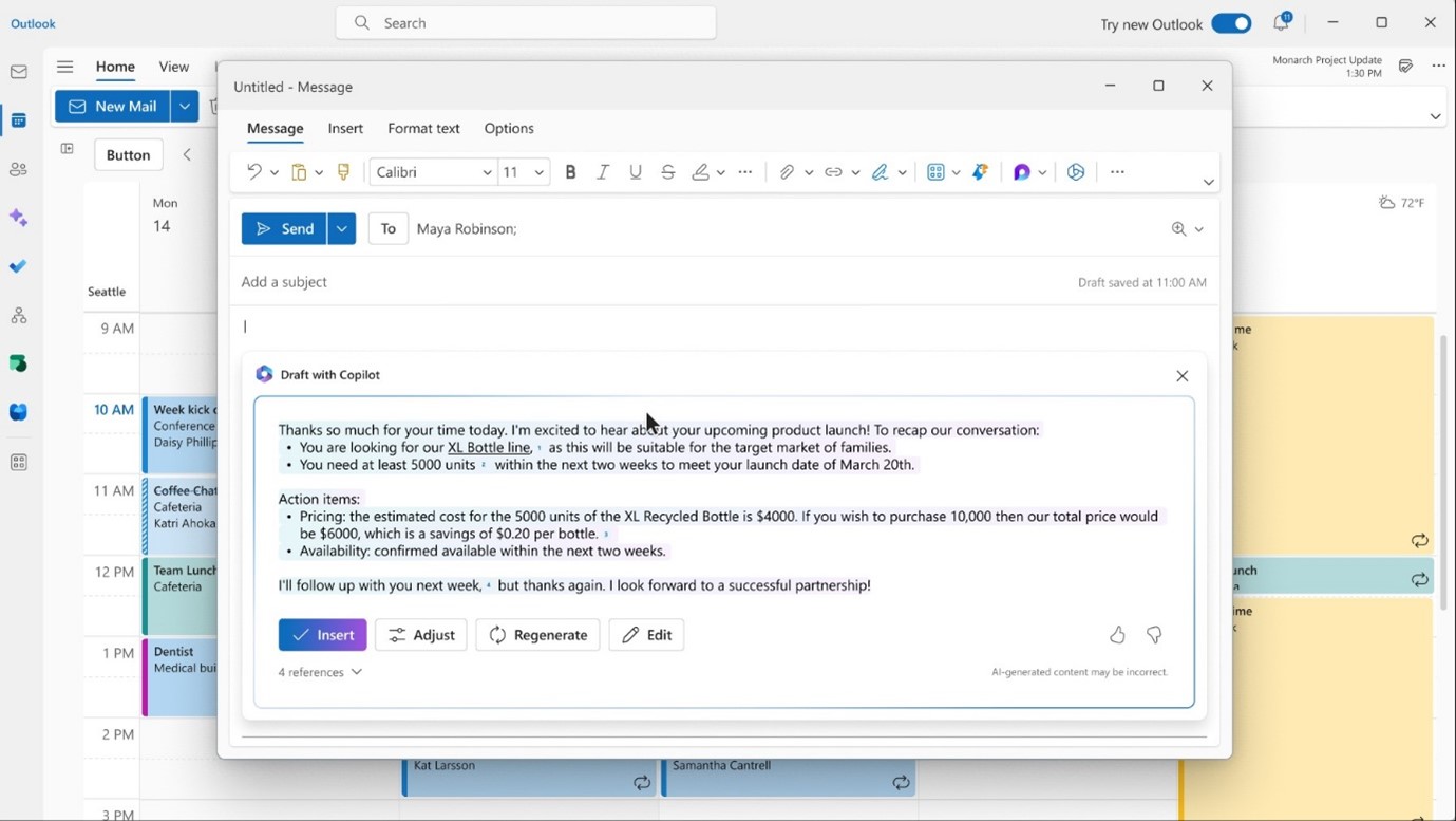 Meeting summary in an email generated by Copliot in Microsoft Viva Sales.
